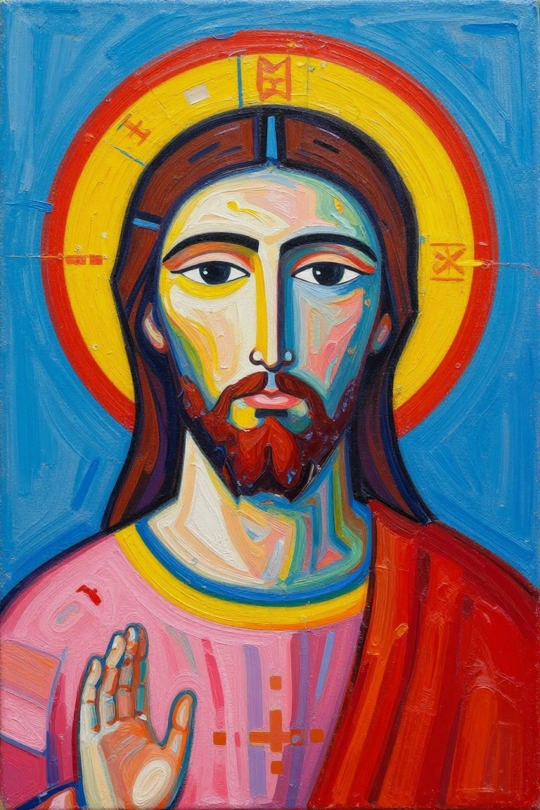 Vivid abstract painting of Jesus with halo, raised hand, pink and red robes