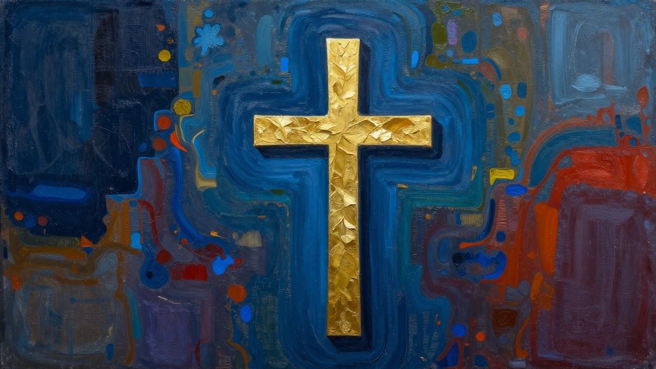 Abstract painting with prominent golden textured leaf form on blue and red background.