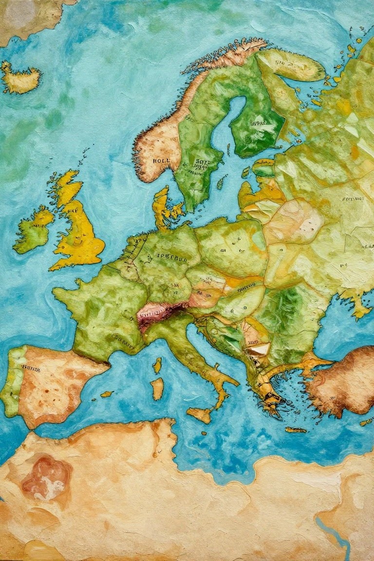 Artistic textured map of Europe with colorful countries and handwritten labels.