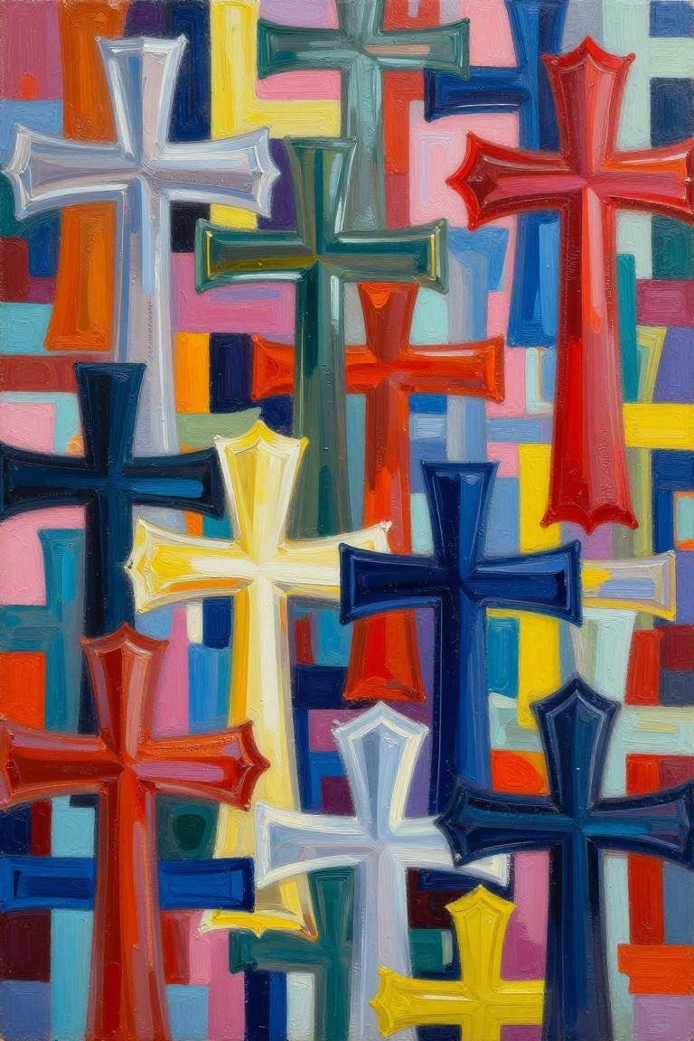 Vibrant abstract painting of overlapping colorful crosses on a geometric background.