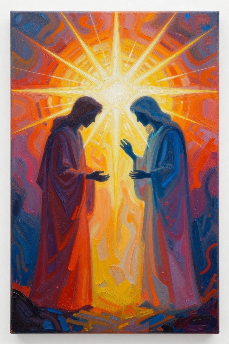 Two robed figures face each other before a radiant golden starburst in vibrant oil painting.