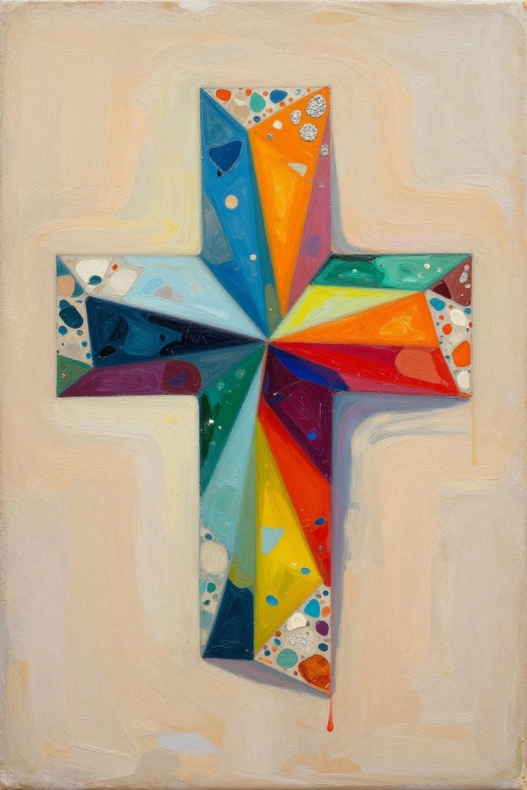 Abstract colorful cross with vibrant geometric shapes and mosaic textures on beige background.