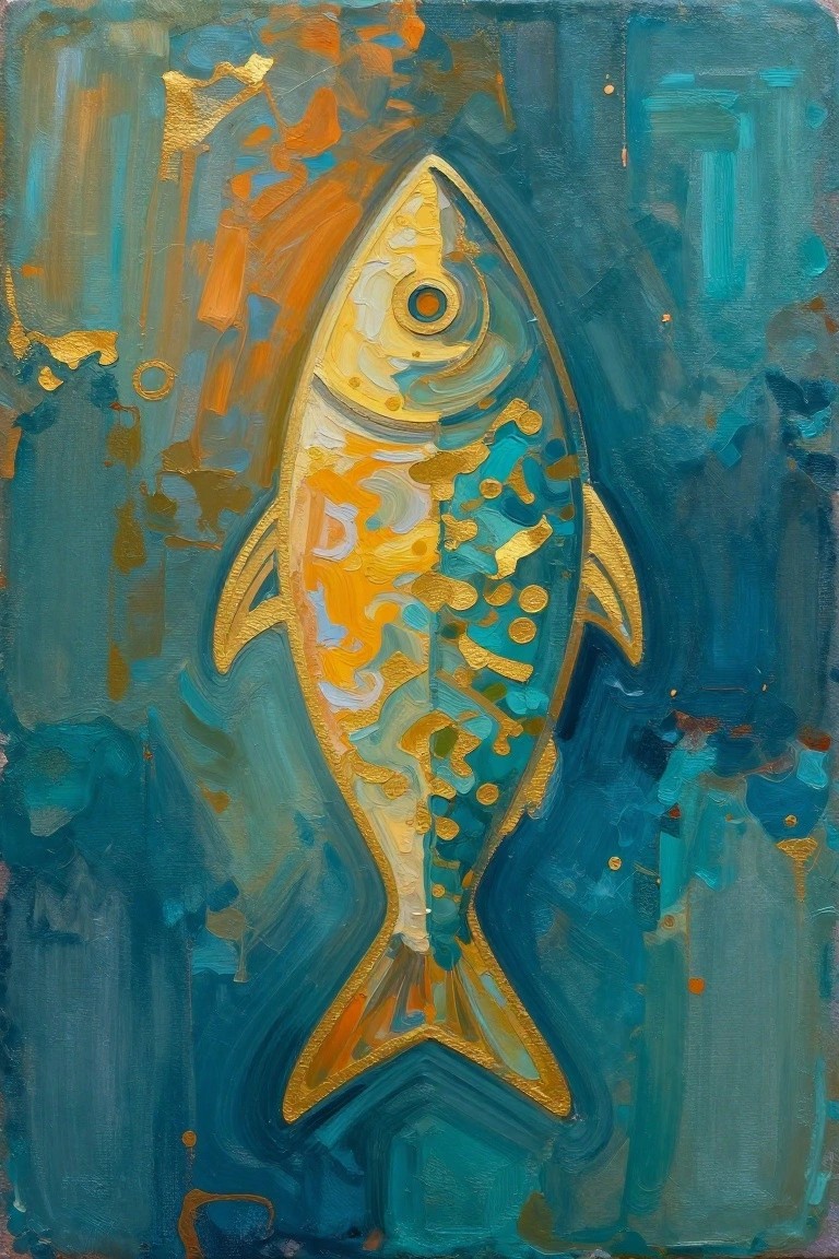 Abstract golden fish with patterned scales on textured blue and orange background