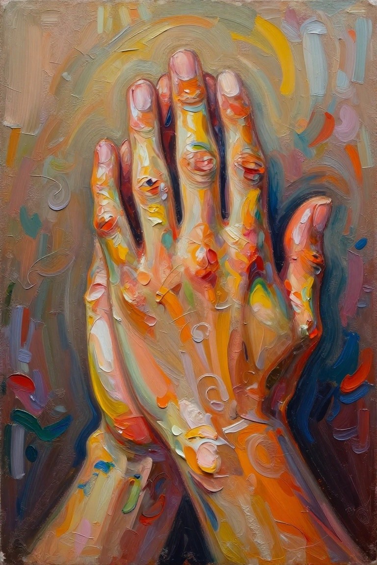 Vibrant impasto painting of two overlapping hands in bold colorful strokes
