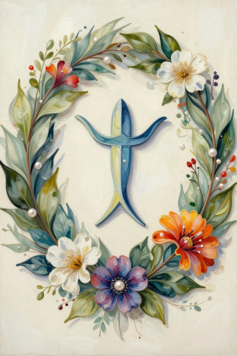 Colorful floral wreath of leaves and blooms encircling a blue-yellow cross