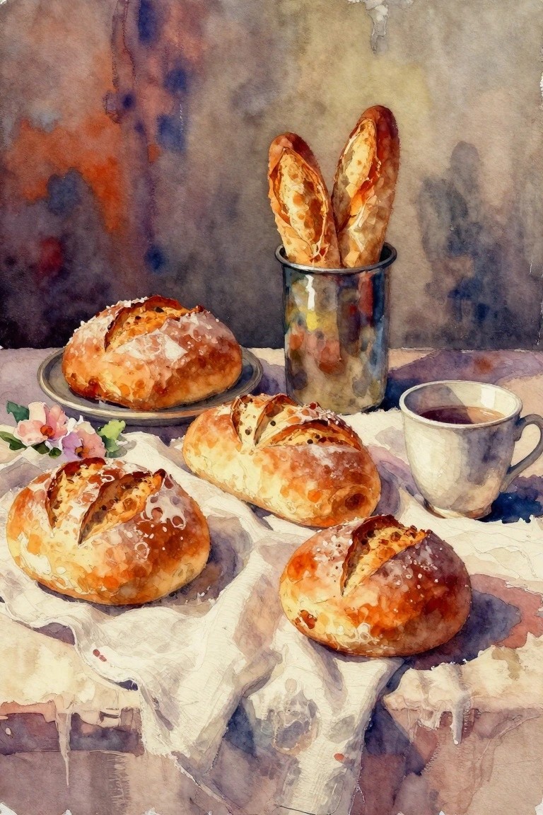 A watercolor painting shows several loaves of bread, baguettes in a metal container, a white cup, and pink flowers arranged on a cloth-covered table.