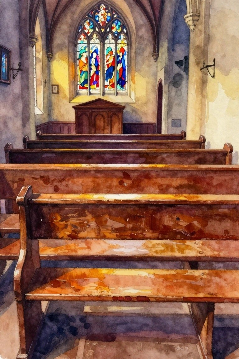Watercolor of worn church pews facing a colorful stained glass window and wooden pulpit.
