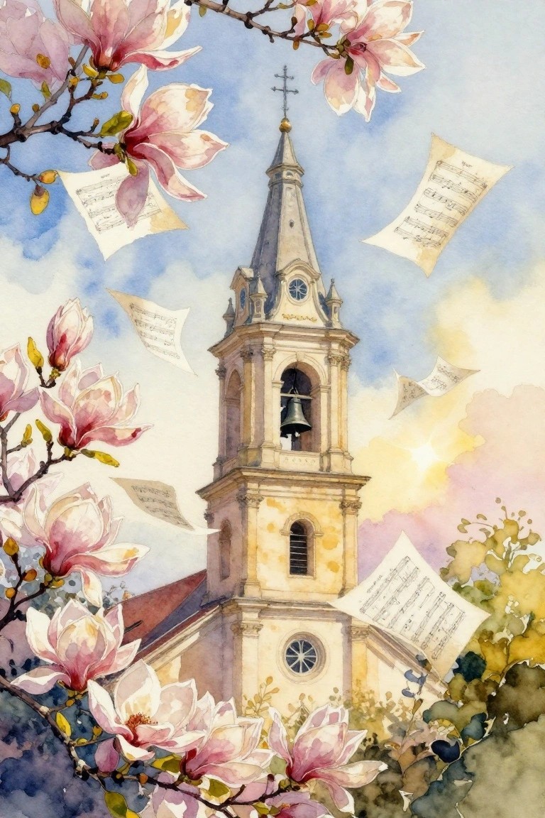 A watercolor-style painting shows a beige church bell tower with a steeple and cross, pink magnolia flowers in the foreground and sides, and several sheets of music floating in a blue and yellow sky.