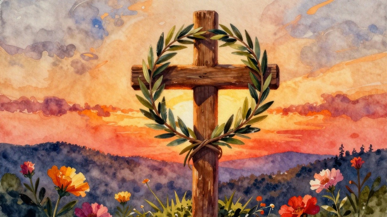 Watercolor wooden cross with leafy wreath amid colorful wildflowers at vibrant sunset mountains