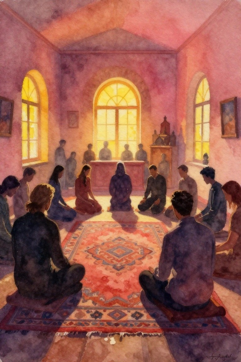 People seated in circle on ornate rug inside pink room with glowing arched windows.