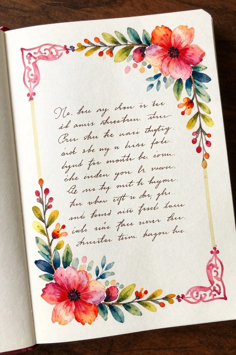 Open notebook with cursive text, watercolor flowers, and ornate pink borders.