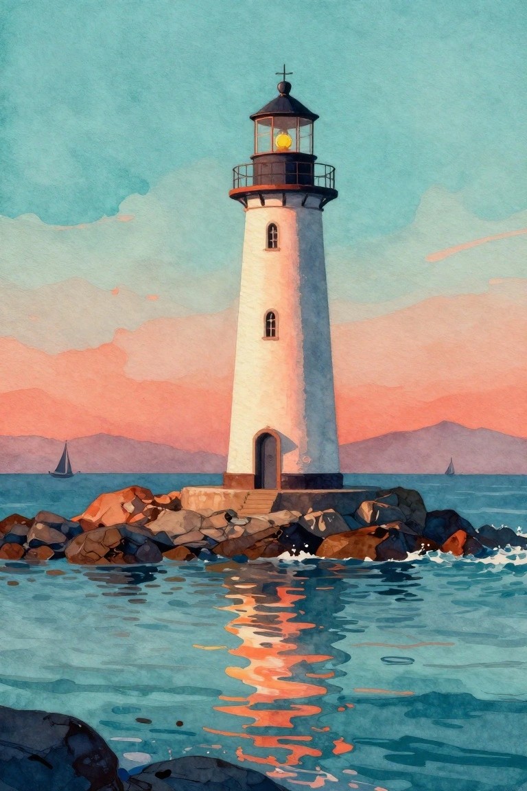 White lighthouse on rocks with glowing light, sailboats, and pink sunset sky