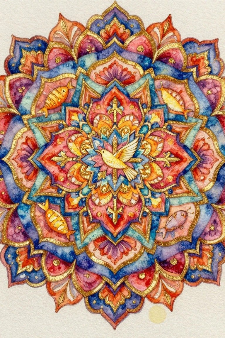 Vibrant watercolor mandala with central yellow bird, fish motifs, and gold accents.