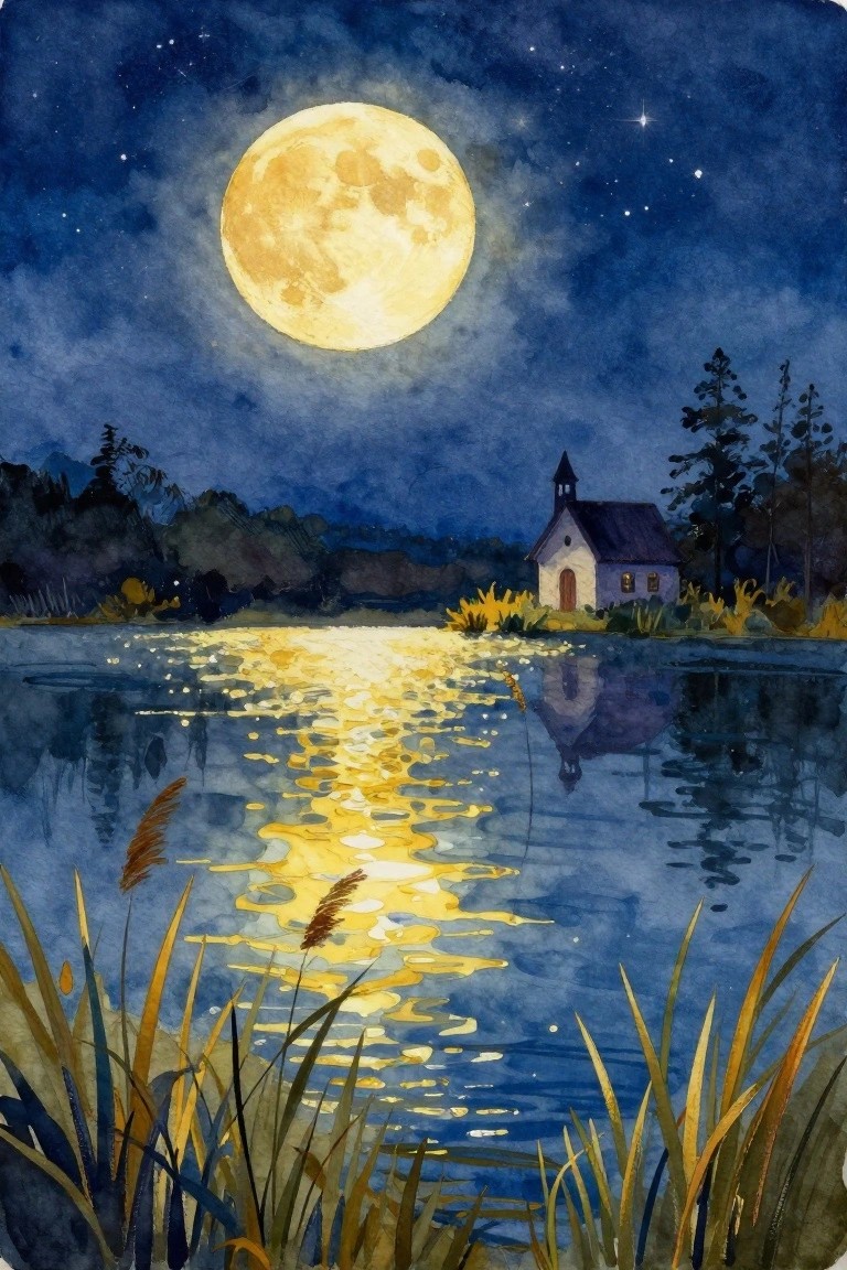A watercolor painting shows a full moon over a lake at night with its reflection on the water, a small church on the far shore, trees, and reeds in the foreground.