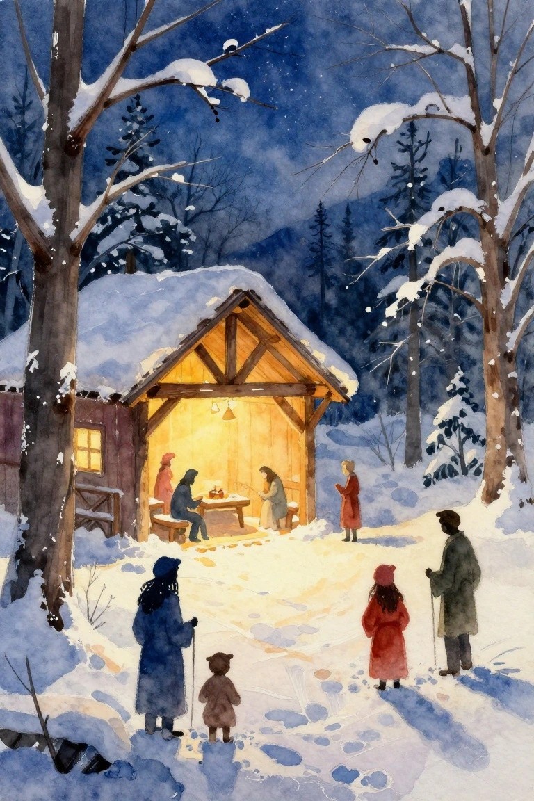 A watercolor painting of people gathered around a lit wooden stable in a snowy forest at night.