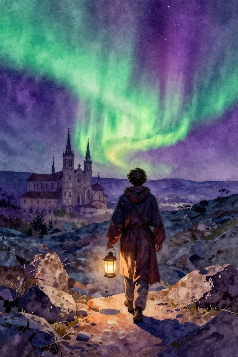 Cloaked figure with lantern approaches cathedral under vivid green-purple aurora sky.