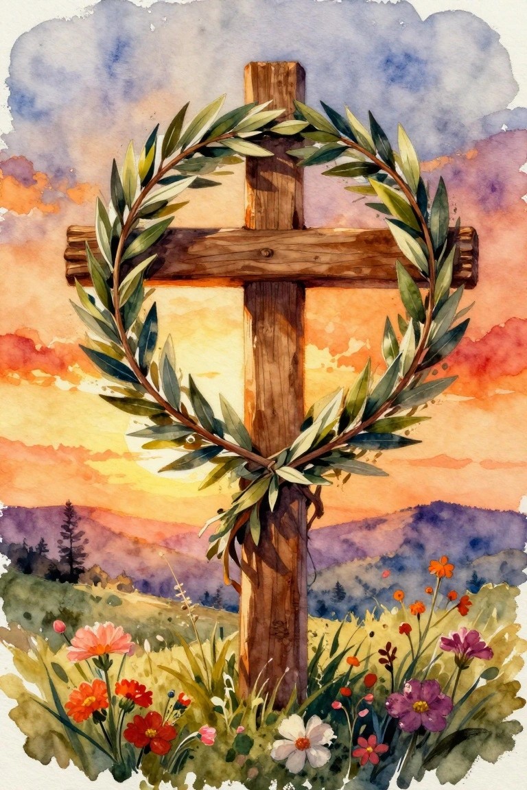 Watercolor wooden cross with leafy wreath amid colorful wildflowers at vibrant sunset mountains