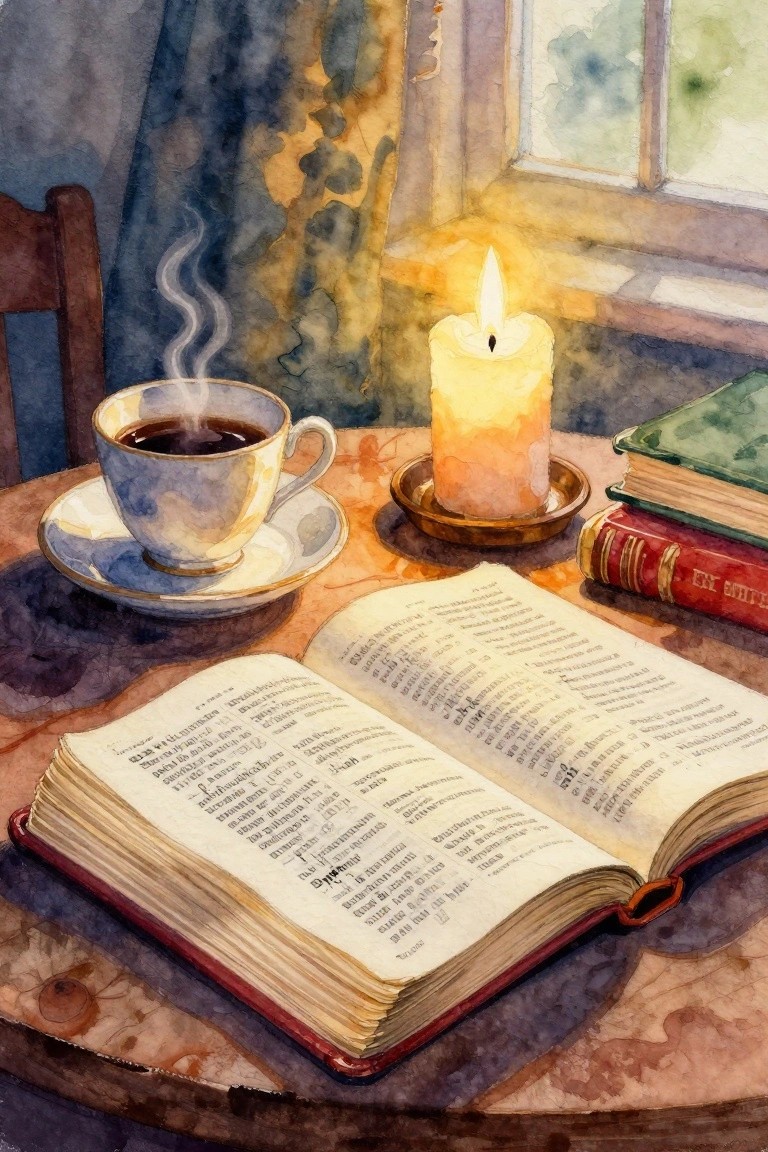 Watercolor of open book, steaming coffee cup, and lit candle on wooden table by window