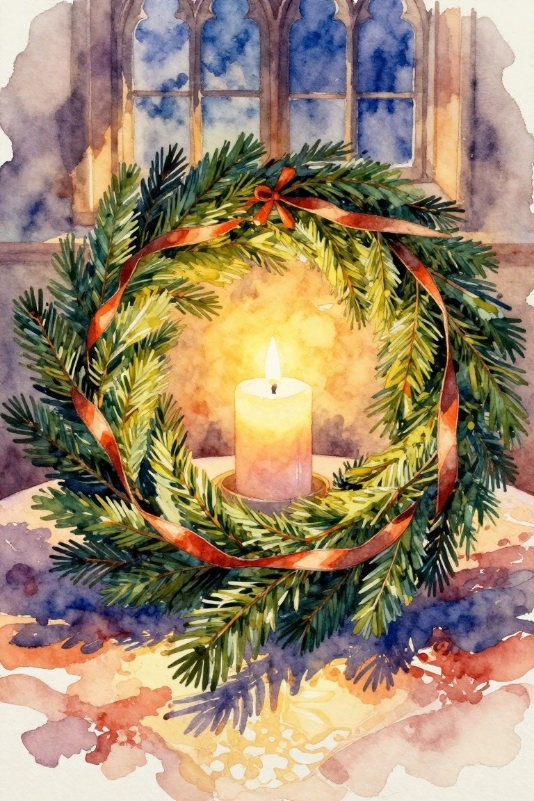 A watercolor painting of a green wreath with a red ribbon and a lit candle in the center, set in front of a window.