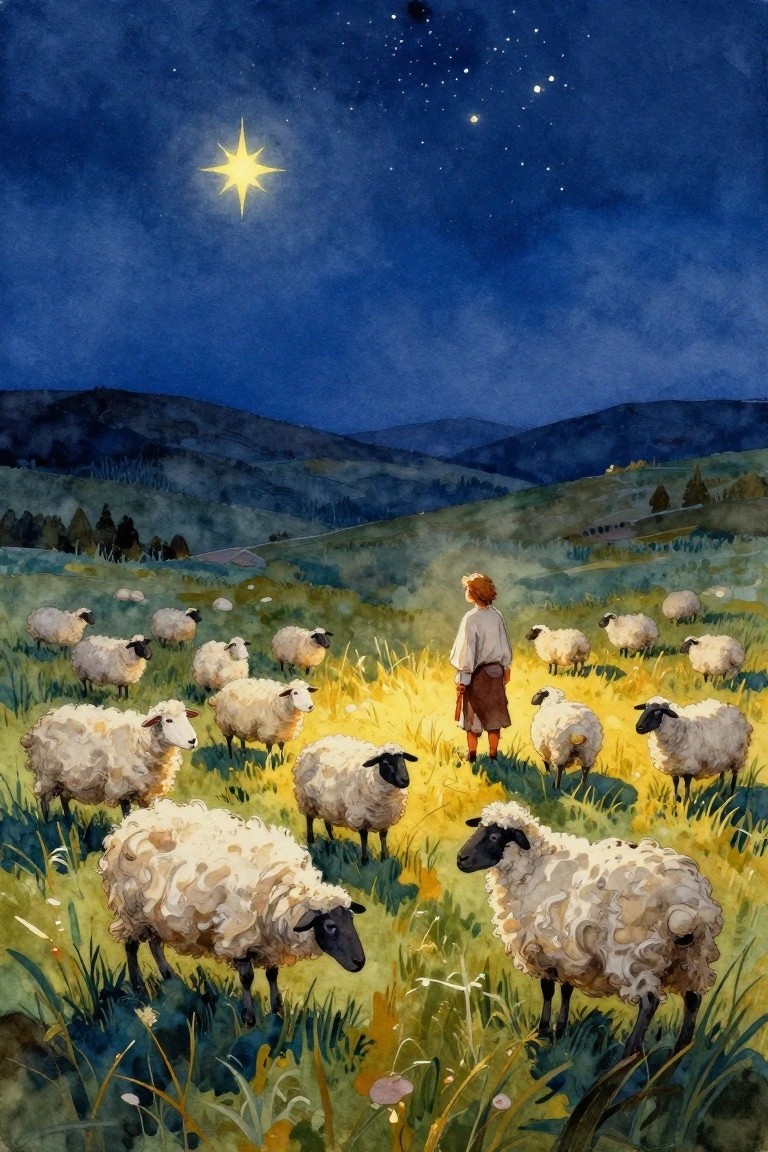 A watercolor painting of a shepherd with a flock of sheep in a field under a starry night sky with one bright star.