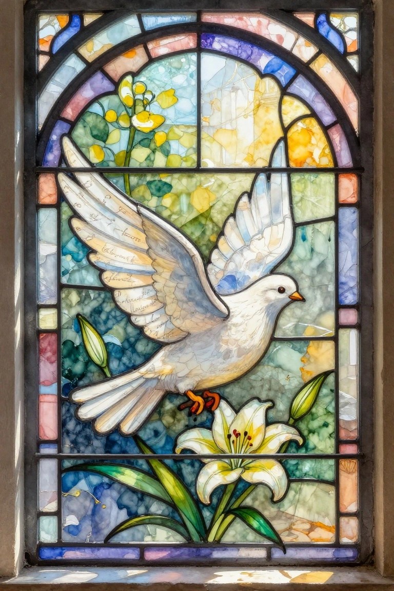 Colorful arched stained glass window with white dove in flight above lilies