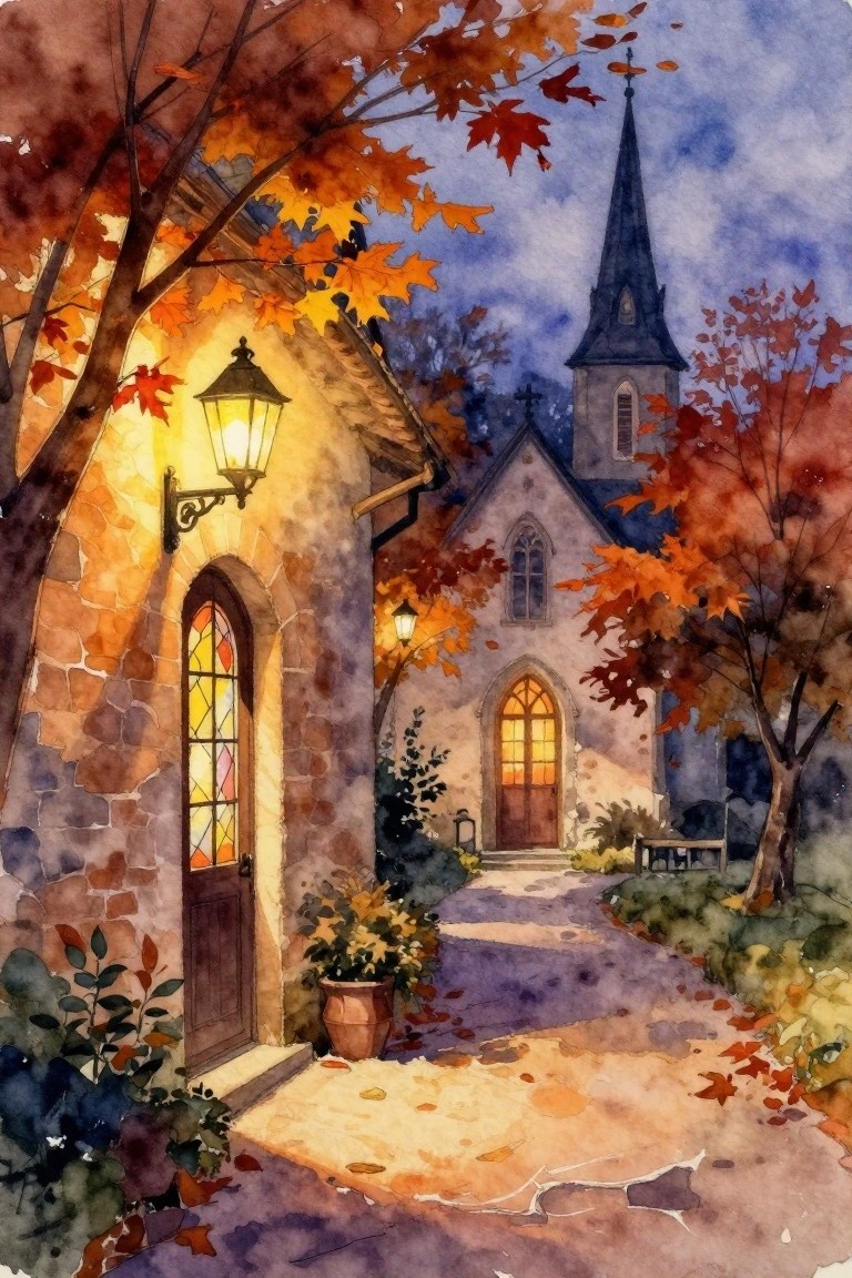 Watercolor of autumn chapel with lantern, glowing windows, path, and steepled church
