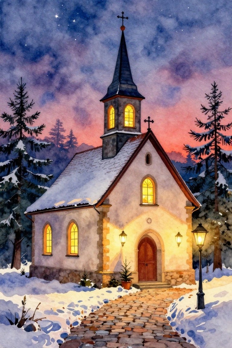 Watercolor of illuminated stone church with steeple on snowy path at twilight