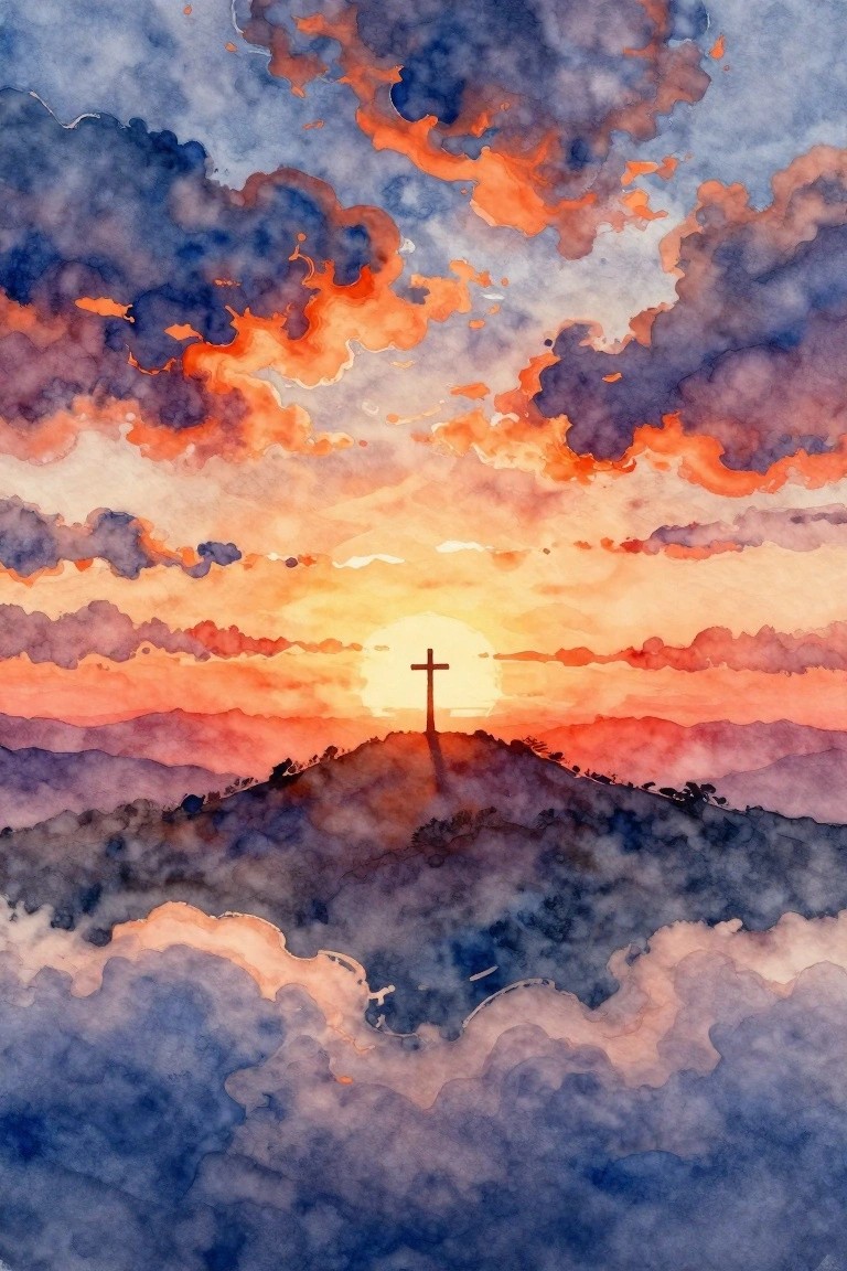 Watercolor sunset with orange clouds and silhouetted cross atop a misty hill