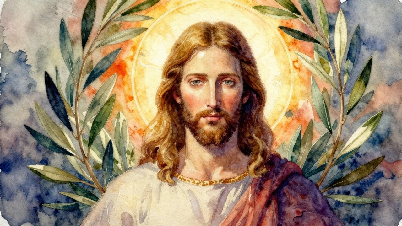 Watercolor portrait of Jesus with long hair, beard, golden halo, and olive branches.