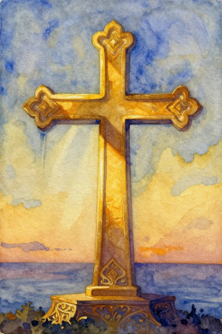 Ornate golden cross in watercolor against a vibrant sunset over the sea.