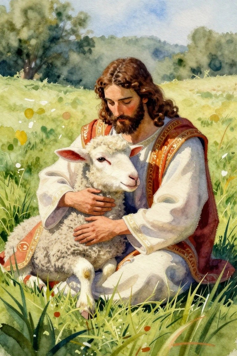 Watercolor of robed Jesus gently cradling white lamb on grassy hillside