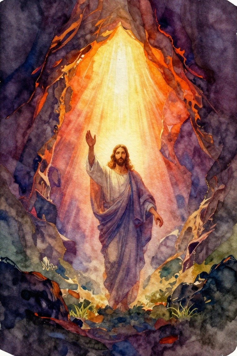 Jesus in white robe and blue cloak raises hand in golden light from rocky cave, watercolor.