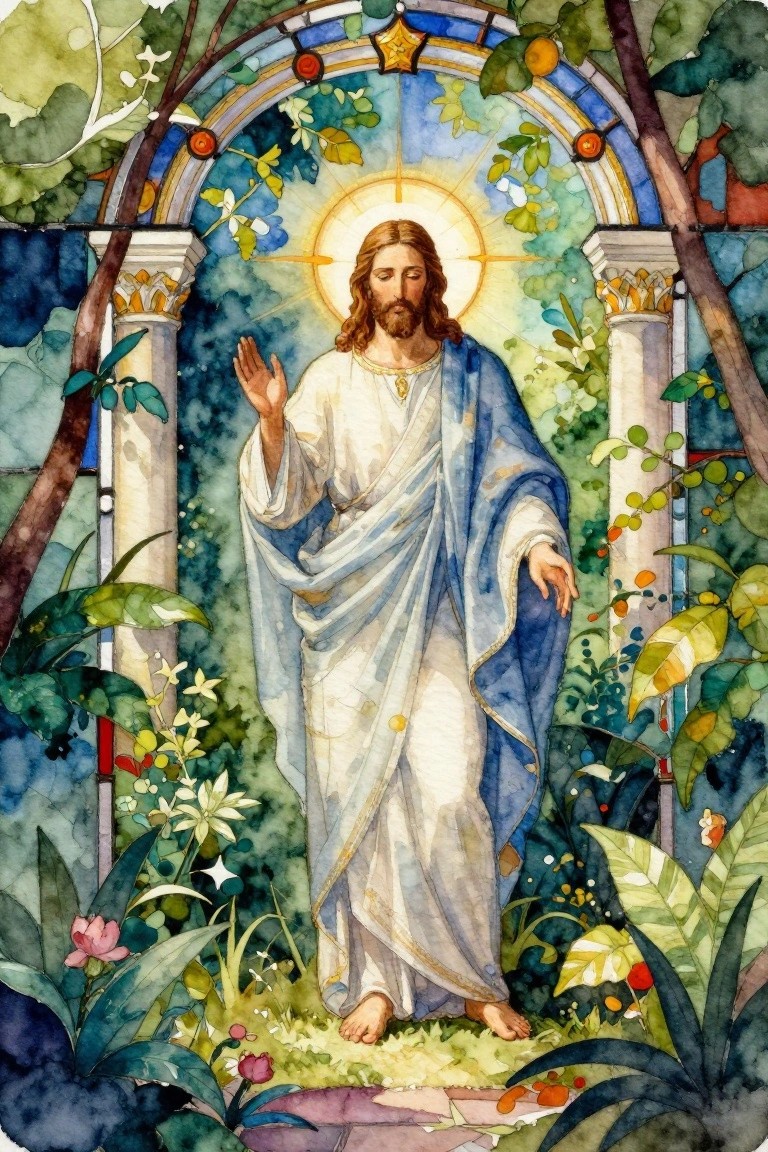 A watercolor painting of Jesus standing barefoot in a garden under a blue arched frame with a glowing halo, columns on both sides, and dense green foliage and flowers around him.