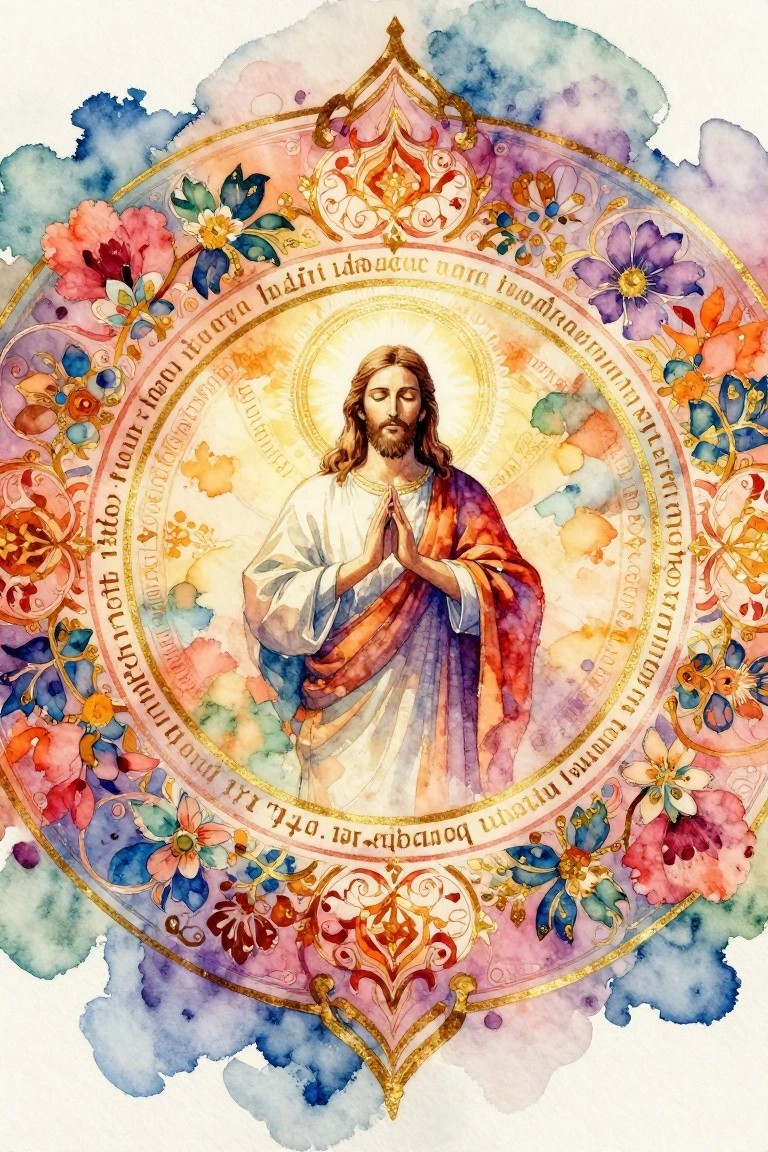 Bearded Jesus in white-orange robes praying within vibrant floral watercolor mandala
