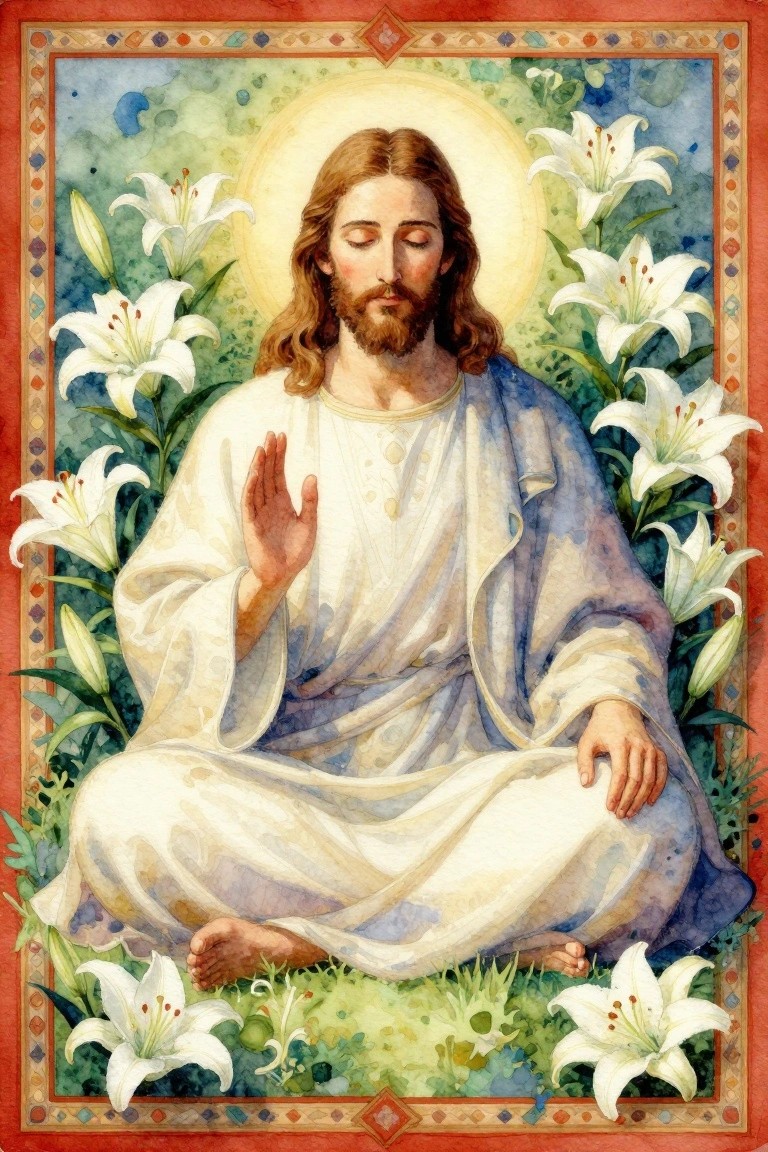 Watercolor of haloed Jesus in white-blue robes meditating amid lilies in ornate frame
