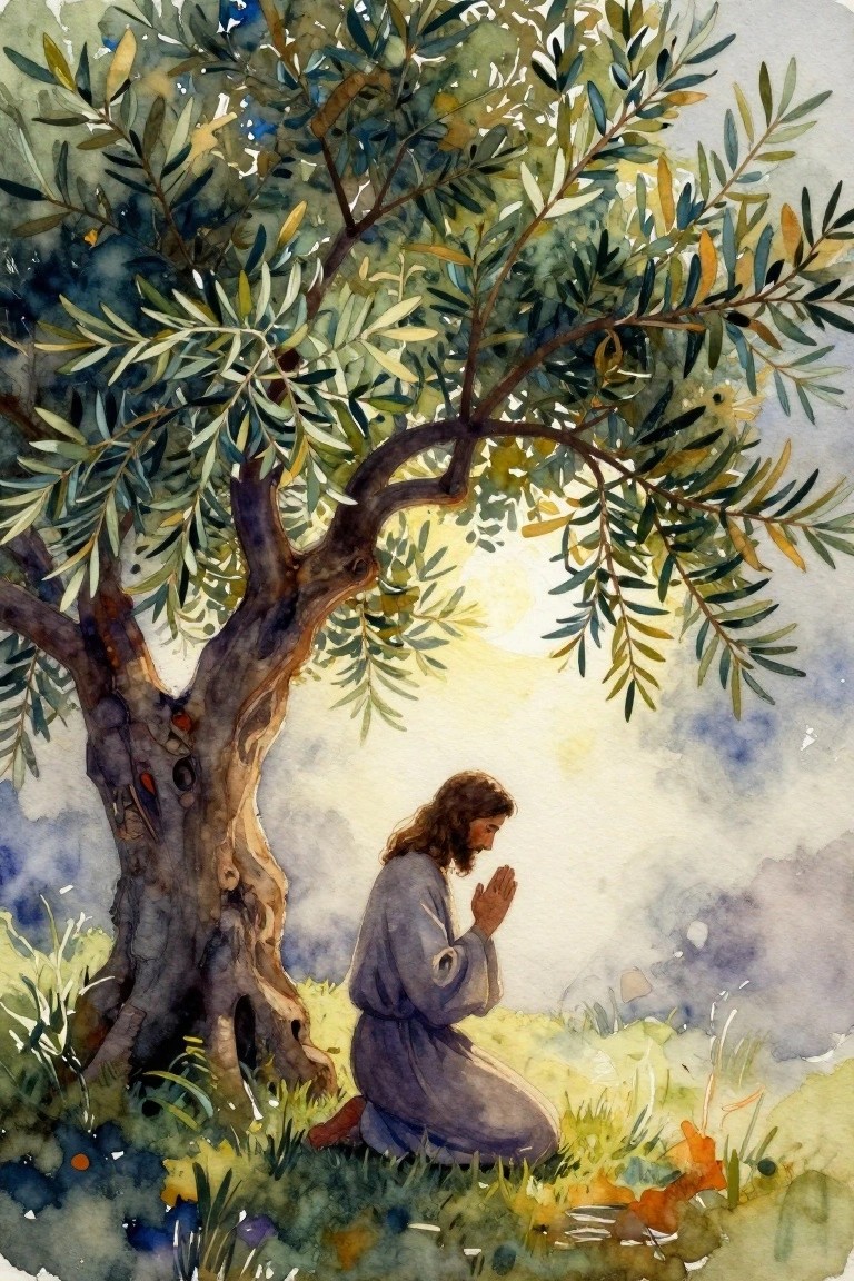 Watercolor of Jesus in blue robe kneeling in prayer under leafy olive tree.