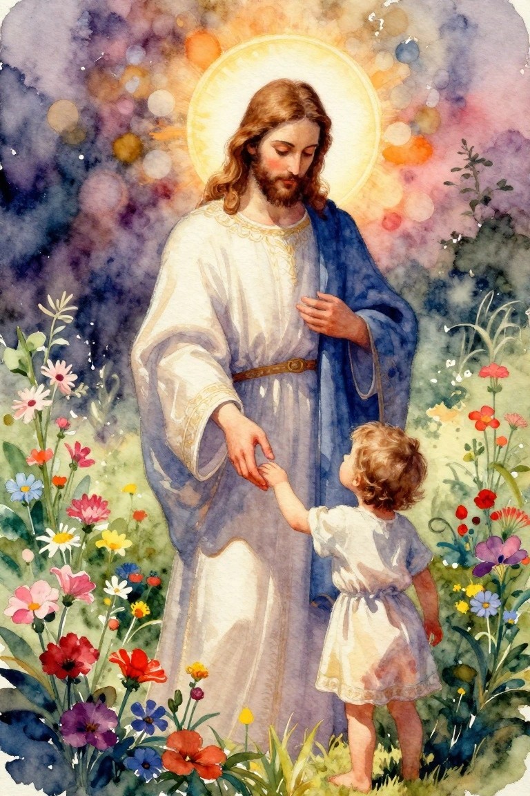 Jesus extending hand to child amid vibrant flowers in watercolor meadow