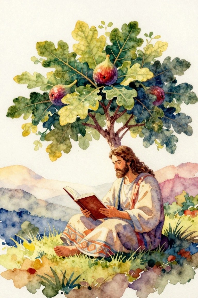 Watercolor of robed Jesus reading book under fig tree with purple fruit