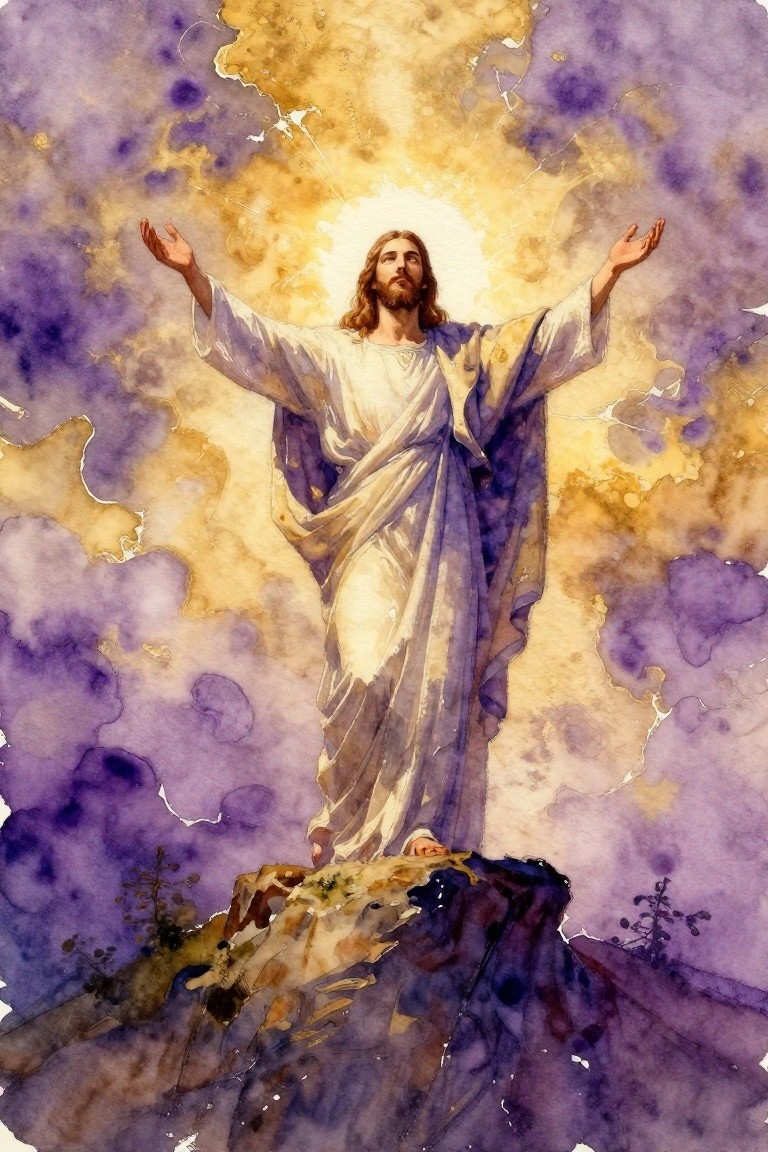 Watercolor of Jesus in white robes with arms raised on rocky peak under glowing sky