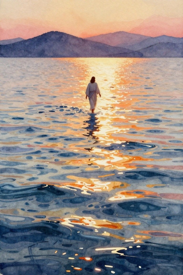 Robe-clad figure walks on rippled water reflecting orange sunset over distant mountains.