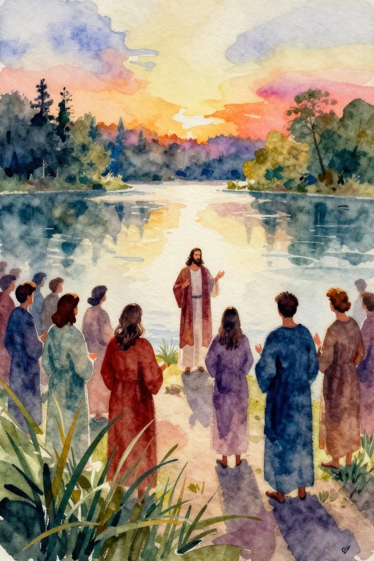 Watercolor of Jesus in robes addressing followers by a reflective sunset lake.