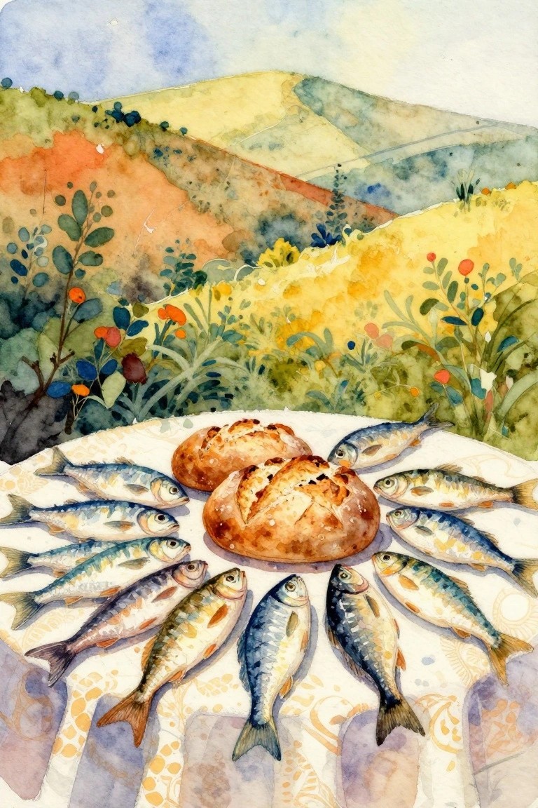 Watercolor painting of fish circling bread loaves on table with hilly landscape.