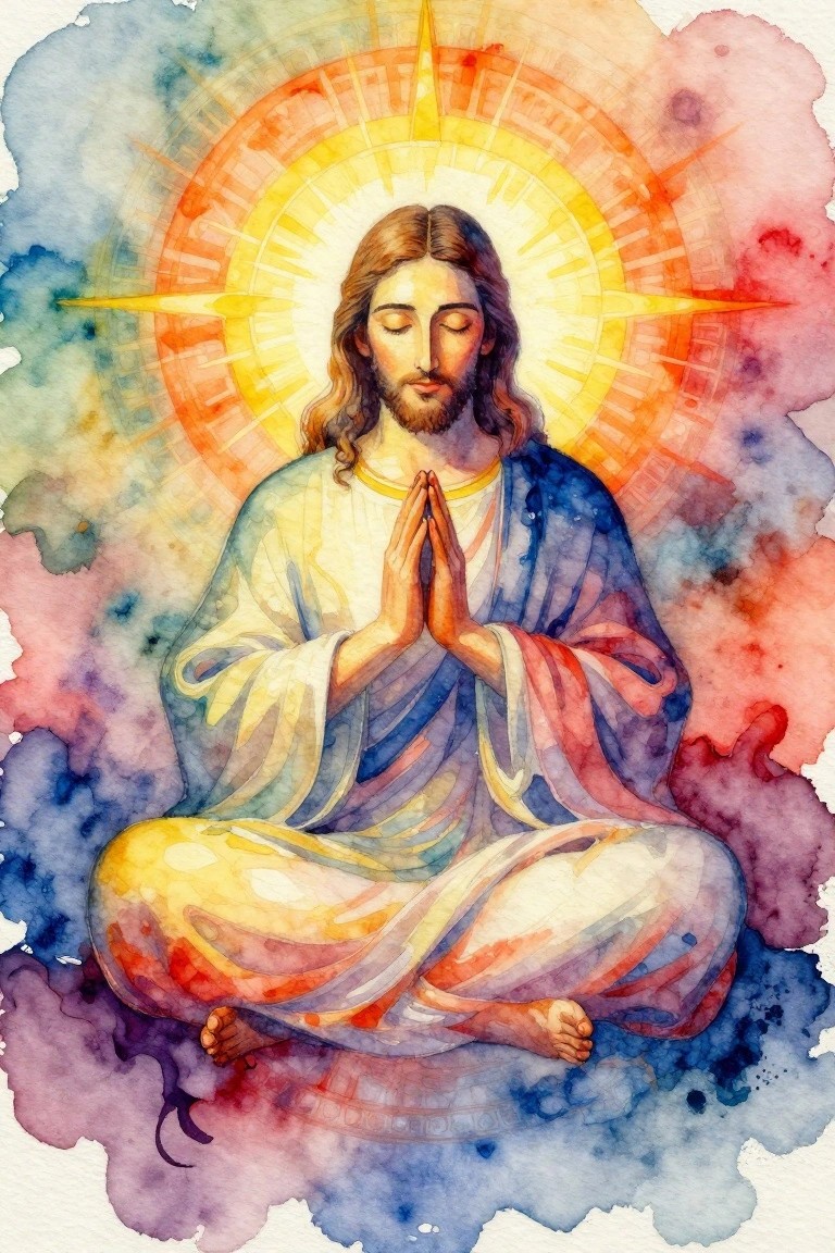 Watercolor painting of Jesus seated cross-legged in prayer with a bright circular halo and colorful abstract background.