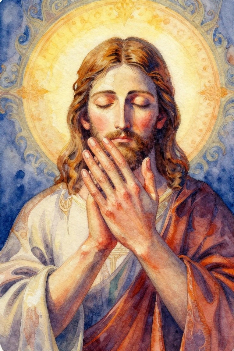 Watercolor of Jesus with clasped hands in prayer, eyes closed, golden halo, white and red robes