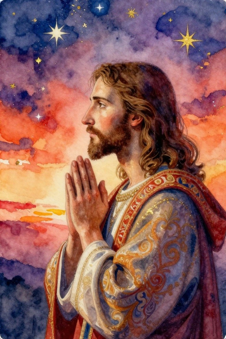 Watercolor of Jesus in ornate robes praying in profile under starry sunset sky
