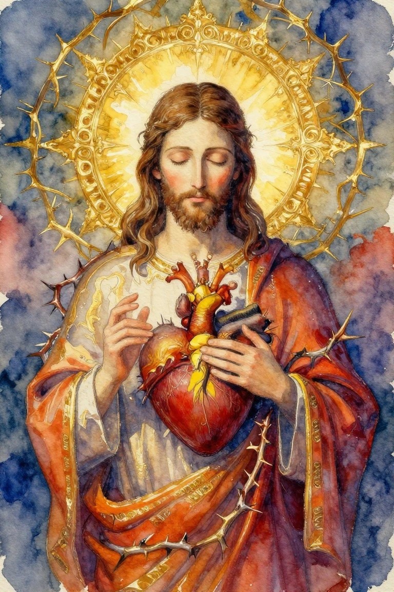 Jesus in red robes holds anatomical heart amid golden crown of thorns