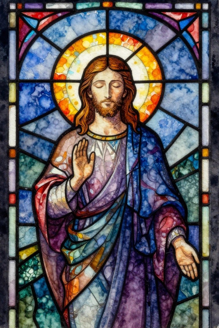 Stained glass style image of Jesus with a colorful halo, wearing blue and purple robes, one hand raised and the other open.