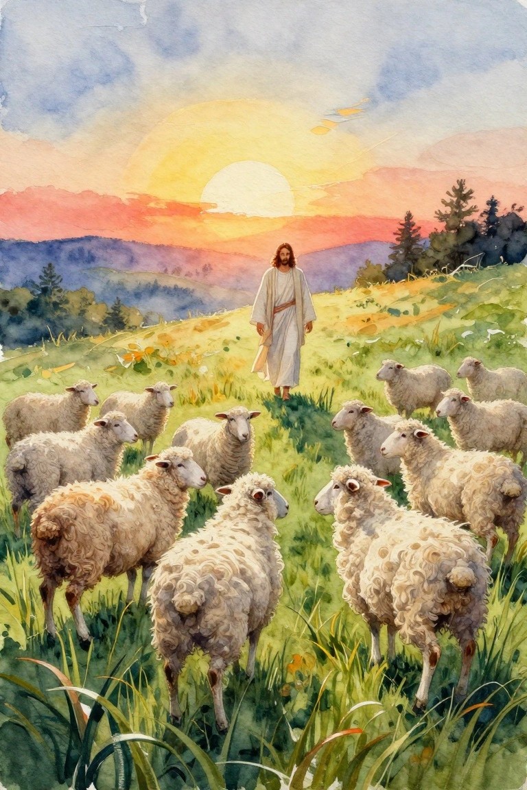 Jesus in white robe among sheep on green hill under colorful sunset watercolor sky