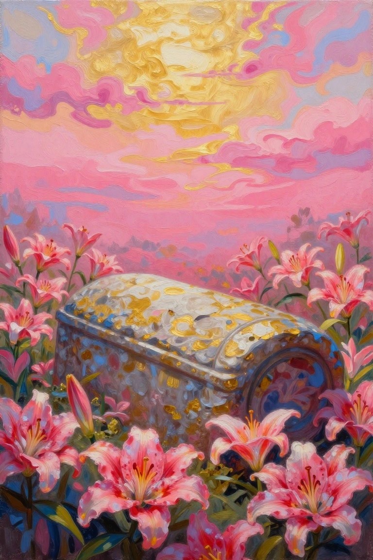Ornate jeweled chest amid pink lilies under swirling pink and yellow skies