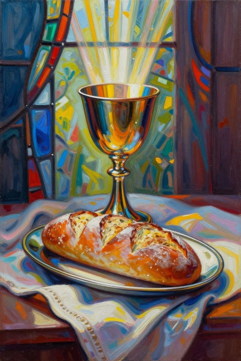 Golden chalice and bread loaf on plate before colorful stained glass window.